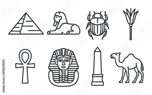 Ancient egyptian symbols: pyramid, sphinx, scarab, lotus, ankh, pharaoh, obelisk, camel