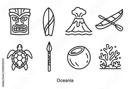 Cultural icons of oceania: mask, surfboard, volcano, canoe, turtle, spear, coconut, coral
