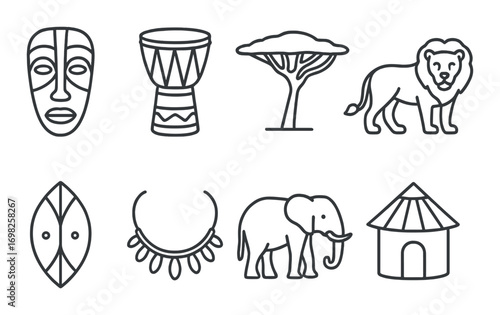 African tribal symbols: mask, drum, tree, lion, shield, necklace, elephant, hut silhouettes