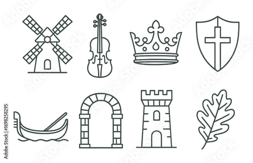 Medieval symbols and icons featuring windmill, violin, crown, shield, gondola, arch, castle tower, and oak leaf