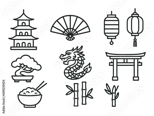 Traditional asian elements: pagoda, fan, lanterns, dragon, bonsai, bamboo, torii gate icons