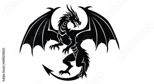 Vector illustration of black silhouette of a fierce dragon with spread wings