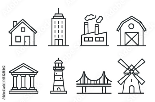 Vector icons of buildings including house, skyscraper, factory, barn, bank, lighthouse, bridge, and windmill