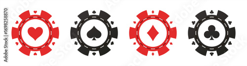 Poker chips icons vector set, gambling tokens with suits for poker, online casino gambling, spades hearts diamonds clubs, betting, vector 10 eps.