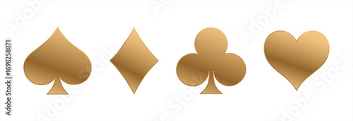 Gold playing card suits, spade, heart, club and diamond vector set for your design or logo. Realistic deck cards isolated on white background. Vector 10 eps.
