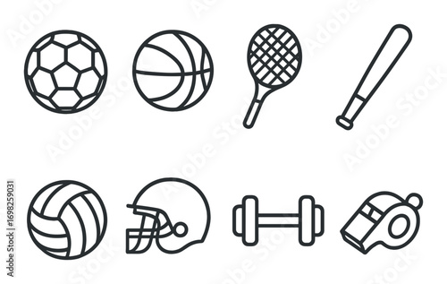 Set of eight sport icons including ball, basketball, tennis racket, bat, volleyball, helmet, dumbbell, and whistle