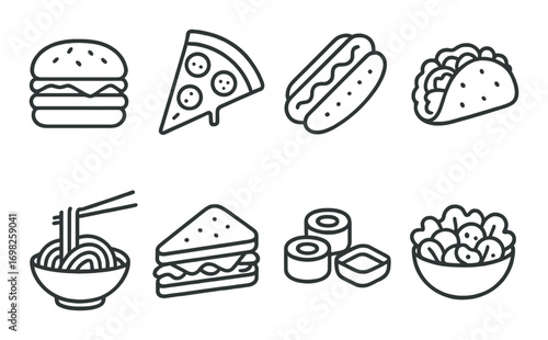 Monochrome icons of popular fast foods including burgers pizza and tacos