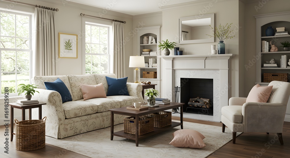 Fototapeta premium Traditional American Living Room with Floral Sofa and Classic Fireplace