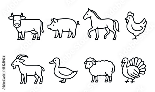Black and white outline illustrations of farm animals including cow, pig, horse, and chicken