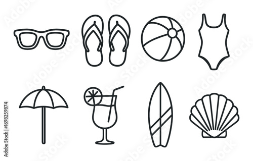 Summer line icons: sunglasses, flip-flops, beach ball, swimsuit, umbrella, cocktail, surfboard, shell