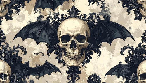 Ornate Winged Skull Damask Pattern