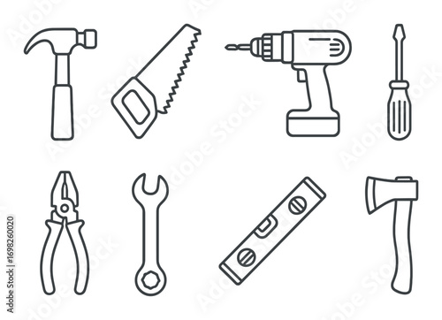 Silhouette icons of hand tools including hammer, saw, drill, screwdriver, and more