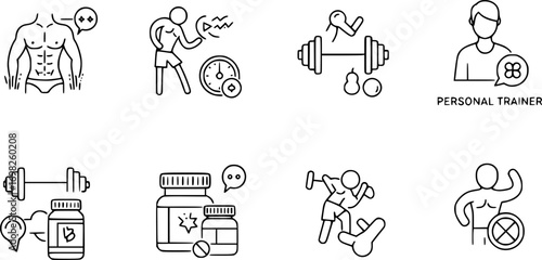 Fitness coaching icon set. Thin line editable stroke icons for body transformation, workout goals, personal trainer, supplements, diet planning, gym lifestyle, and motivation