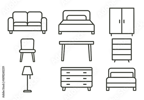 Minimalist furniture icons: sofa, bed, wardrobe, chair, table, lamp, drawer, dresser