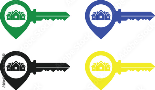 Colorful key icons with house symbols represent real estate and home ownership.