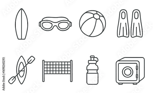 Monochrome icons of beach and water sports equipment