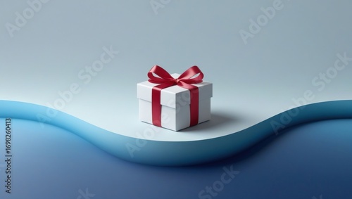 A minimalist presentation of a white gift box with a red ribbon bow, set on a light blue and dark blue curved platform.