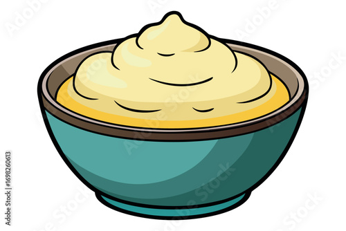 Vector illustration of creamy mashed potatoes served in a bowl, traditional Thanksgiving side dish, realistic detailed texture, isolated on white background, holiday food design.
