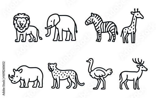 Cartoon animal lineup featuring lion elephant zebra giraffe rhino cheetah ostrich deer