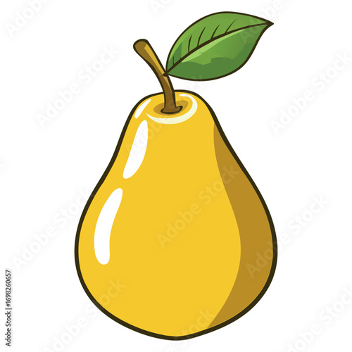 Vector illustration of a fresh ripe pear fruit with stem and leaf, realistic detailed texture, organic healthy food, isolated on white background, natural seasonal fruit design.