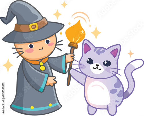 Magic Cat with Wizard Costume and Glowing Wand Illustration
