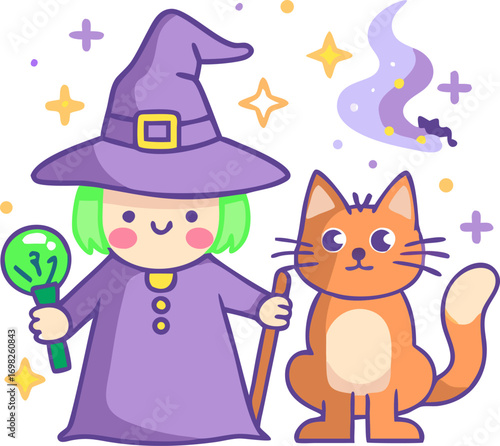 Cartoon Witch with Orange Cat and Magic Crystal Illustration