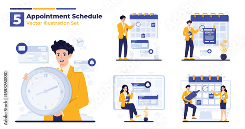 appointment schedule vector illustration set characters managing appointments reminders, and deadlines. businessman checking schedules to employees planning tasks with notification alerts and calendar
