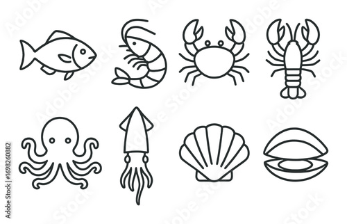 Set of eight sea creature icons including fish, shrimp, crab, lobster, octopus, squid, shell, and clam