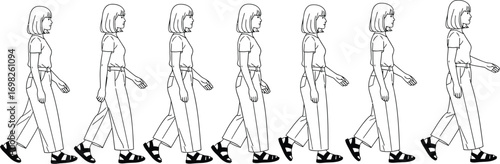 Sequential illustration of a woman walking in a line, showing movement progression.