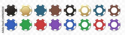 Gambling casino chips. Colorful collection of casino chips for gambling, poker, roulette. Casino chips and coins isolated on white background. Vector 10 eps.