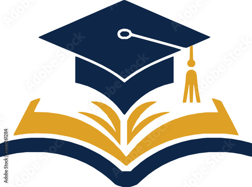 educatio logo, A graduate's black academic cap and a diploma rest on a stack of books, symbolizing the successful achievement of an education
