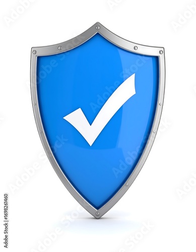3D rendered blue shield with a white checkmark.  Metallic border