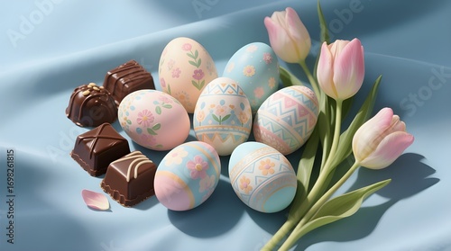 Easter Eggs and Chocolate Truffles on a Blue Cloth