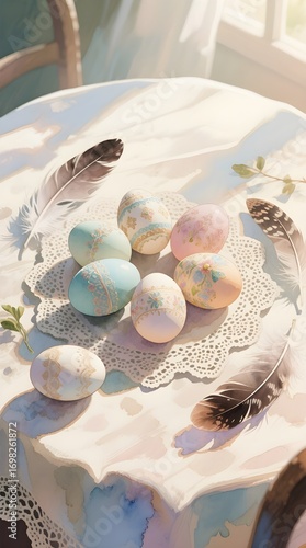 Delicate Floral Eggs and Feathers on a Lace Doily