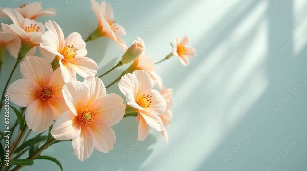 Fototapeta premium Peach and cream blooms with translucent petals and fine veins glow in soft diffused light