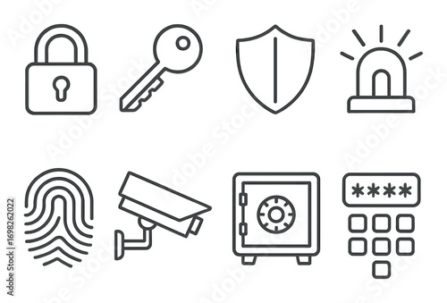 Security icons: lock, key, shield, alarm, fingerprint, camera, safe, keypad