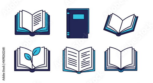 Vector illustration of collection of book icons with open and closed books and a plant