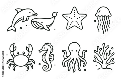 Simple line art of marine creatures: dolphin, whale, starfish, jellyfish, crab, seahorse, octopus, coral
