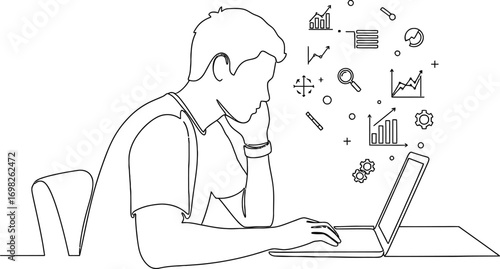 Focused person analyzing data on a laptop, surrounded by analytical icons and charts.