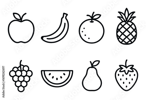 Set of eight minimalist fruit icons on dark gradient background