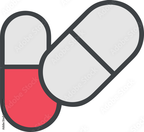 Two simple capsule pill shapes with one red and one white medicine container medical symbol isolated graphic icon