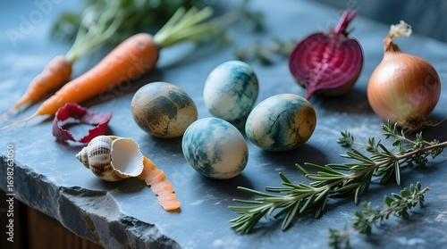 Naturally Dyed Eggs with Fresh Vegetables and Herbs