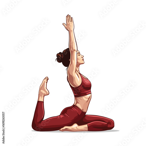 Illustration of a woman in a yoga pose, demonstrating flexibility and balance, wearing activewear.