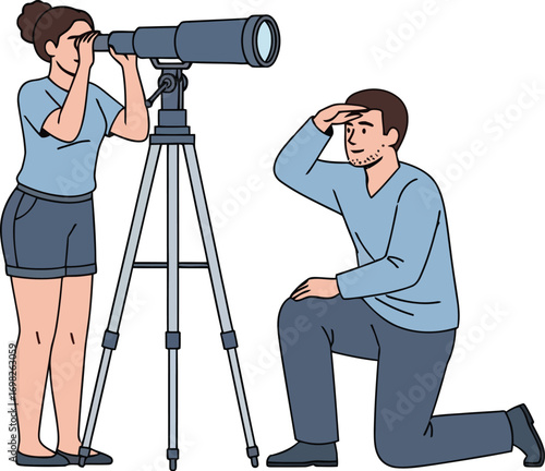 Curious couple exploring the night sky with a telescope, seeking new discoveries.