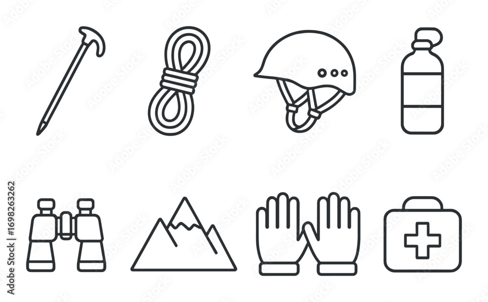 Fototapeta premium Essential hiking gear icons: helmet, rope, bottle, gloves, first aid, mountains