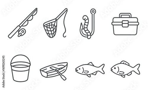 Outline icons of fishing gear and fish on gradient background