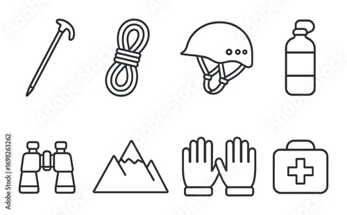 Essential hiking gear icons: helmet, rope, bottle, gloves, first aid, mountains