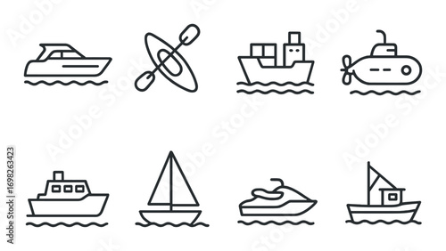 Set of eight nautical icons featuring boats, ships, and submarine designs