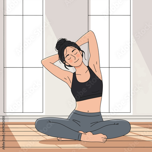 Morning Yoga Stretch in Sunlit Studio vector illustration design