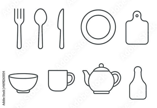 Minimalist outline of kitchen utensils and tableware on dark background